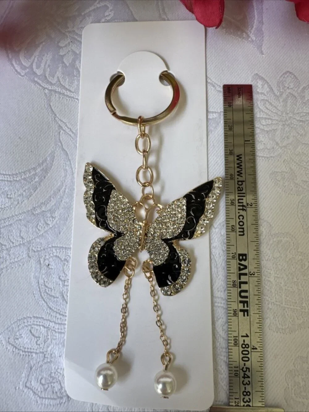 Bag Keychain Black Gold Butterfly Rhinestone Bag Charm Pearl Keyring NEW